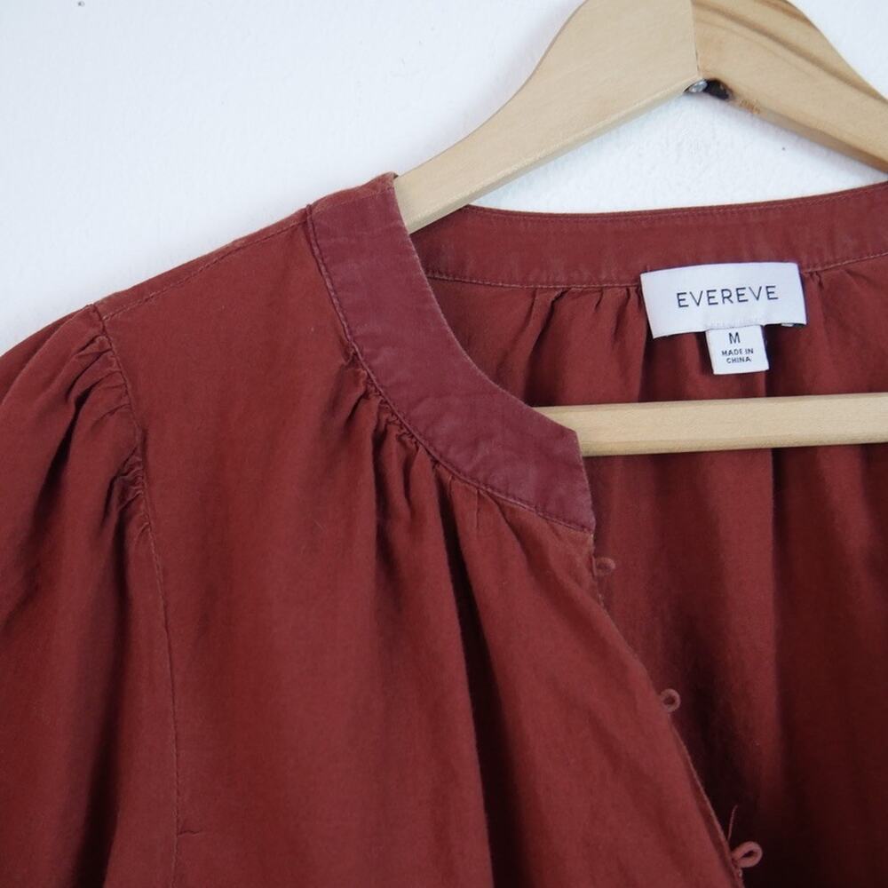 Evereve Evelyn Midi Dress Puff Sleeve Boho Cottagecore Brown Cotton Prairie M - Picture 3 of 8